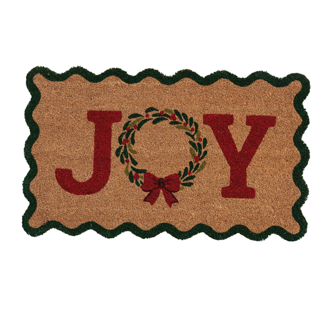 Natural Coir Scalloped Doormat w Wreath Joy, Multi Color