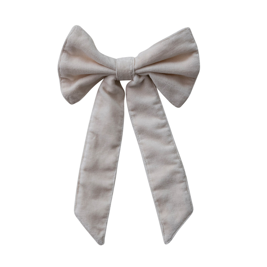 Handmade Cotton Velvet Bow w Metal Clip, Cream Color