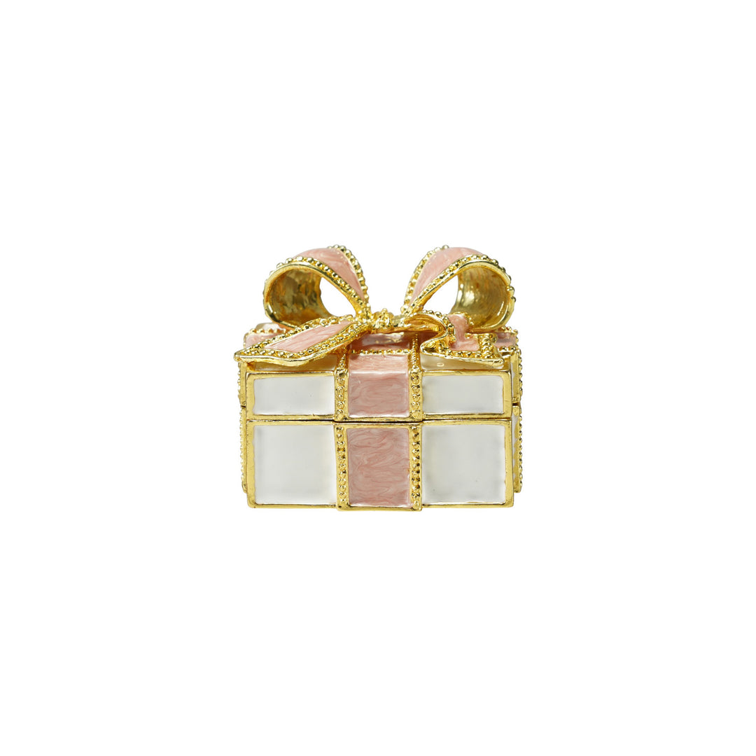 Enameled Metal Gift Shaped Trinket Box w Jewels Gold Finish & Pink