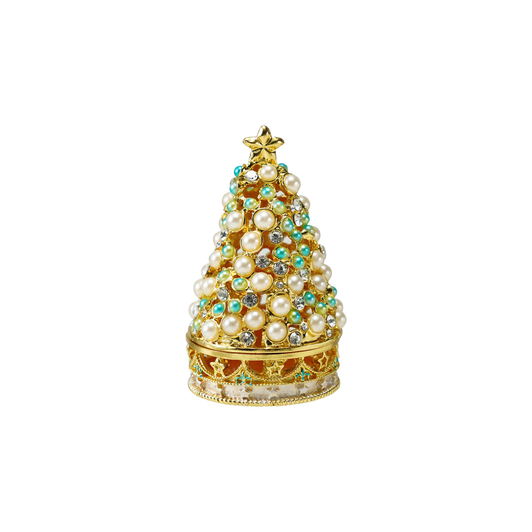 Enameled Metal Tree Shaped Trinket Box w Jewels & Faux Pearls