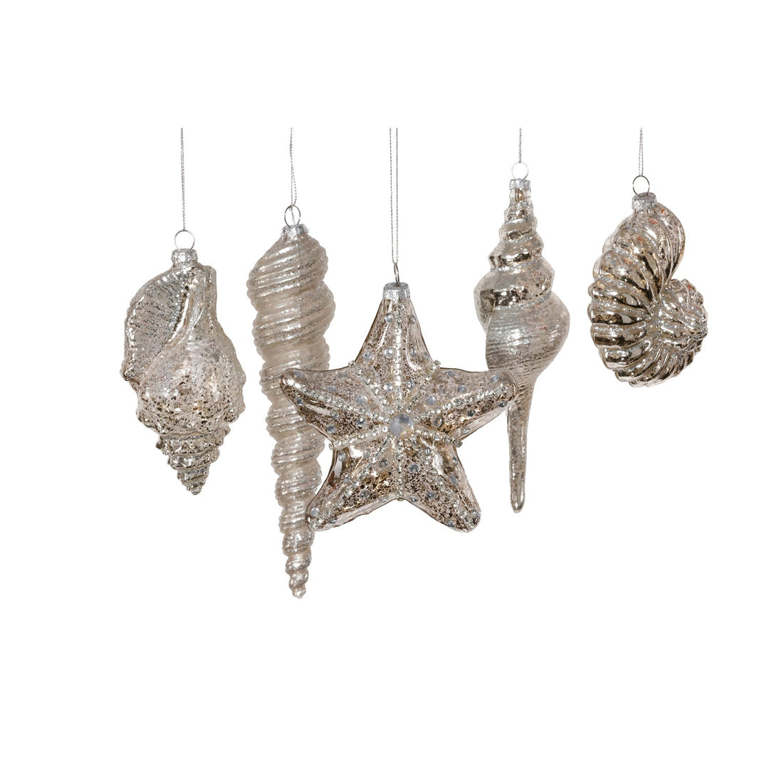 Set / 5 Asst'd Sizes Glass Seashells, Antique Silv