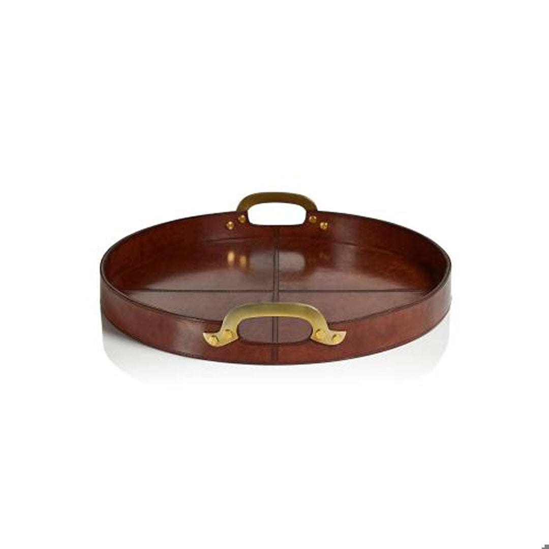 Aspen Leather with Brass Handles Round Tray- 20"