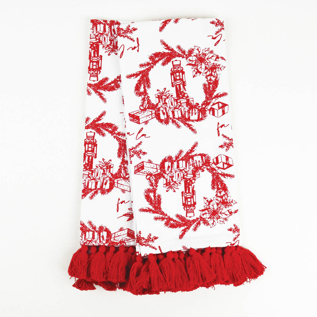 2 Piece Set Holiday Toile Red Tassel Kitchen Towels