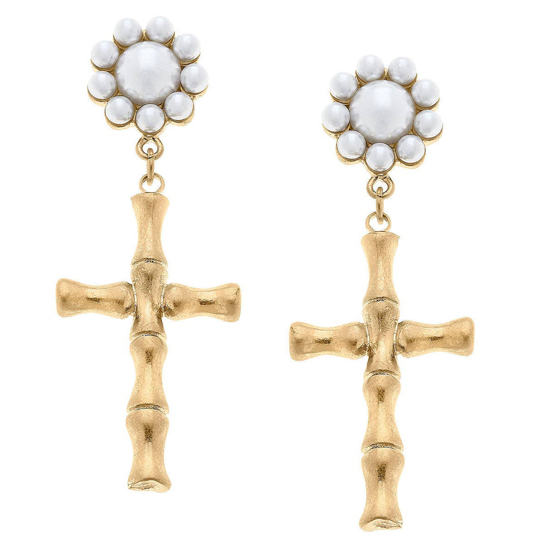 CANVAS Style - Estella Bamboo Cross with Pearl Cluster Earrings in Worn Gold