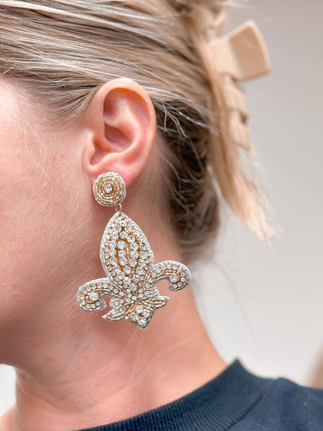 Prep Obsessed Wholesale - Rhinestone Fleur De Lis Statement Earrings