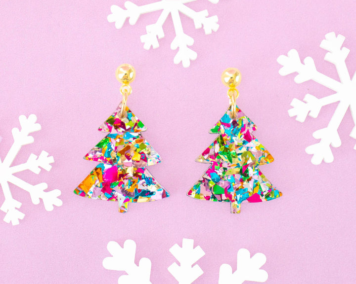 Momenti di Vita - SMALL Christmas Tree Earrings Multi Glitter Holiday Dangle