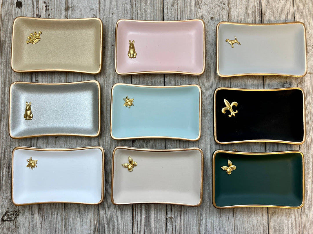 Michelle Allen Designs - Gold accent jewelry dish: Rectangle / Pink / Fluer De Lis
