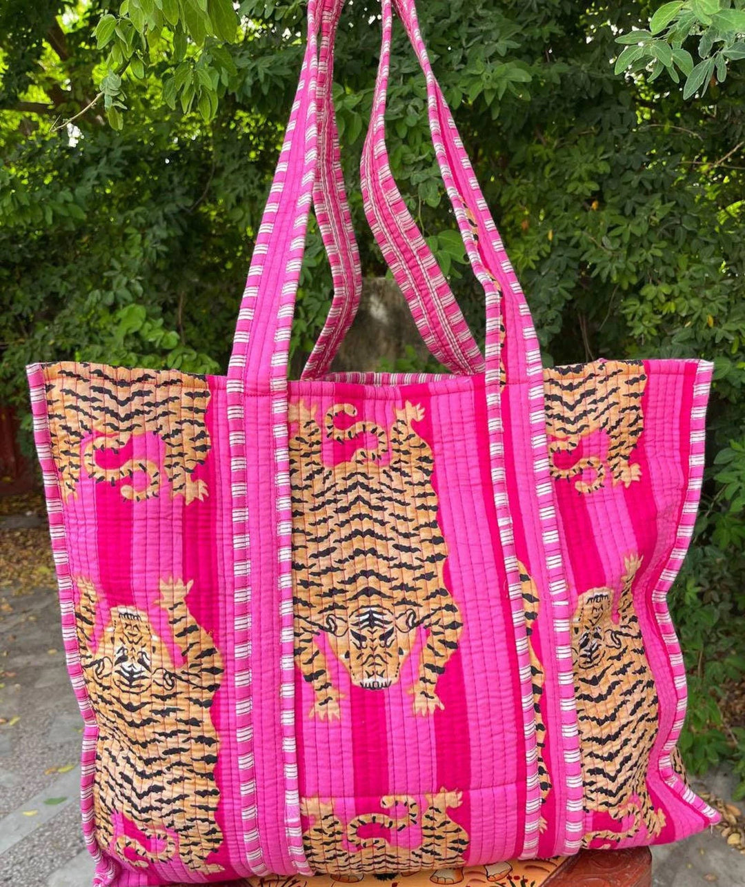 Ayras World - Pink Tiger Cotton Quilted Tote Bag