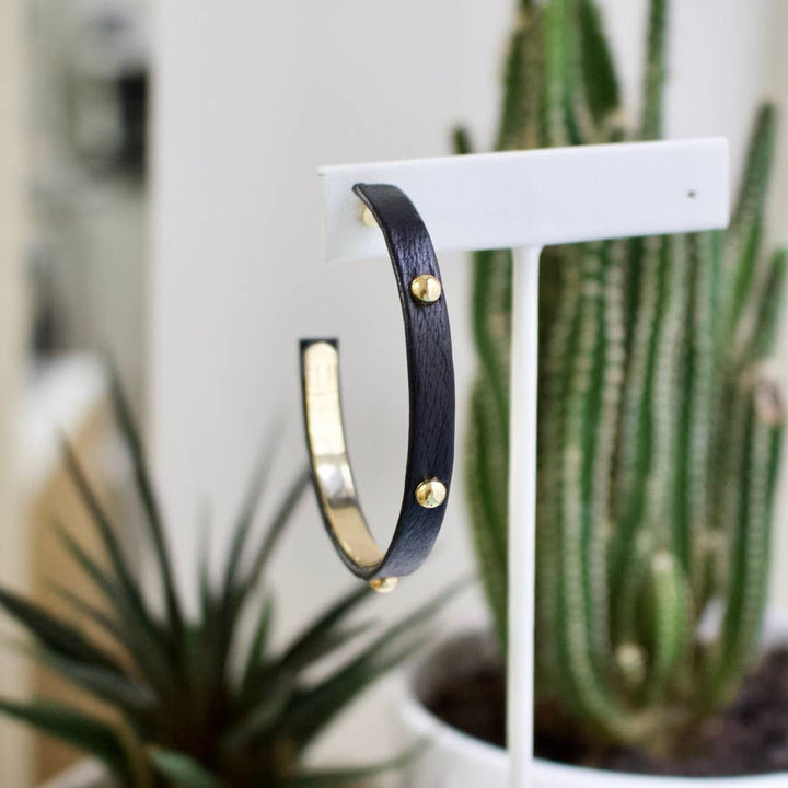 a.v. max - Studded Leather Hoops: 1.5" / Black/Gold