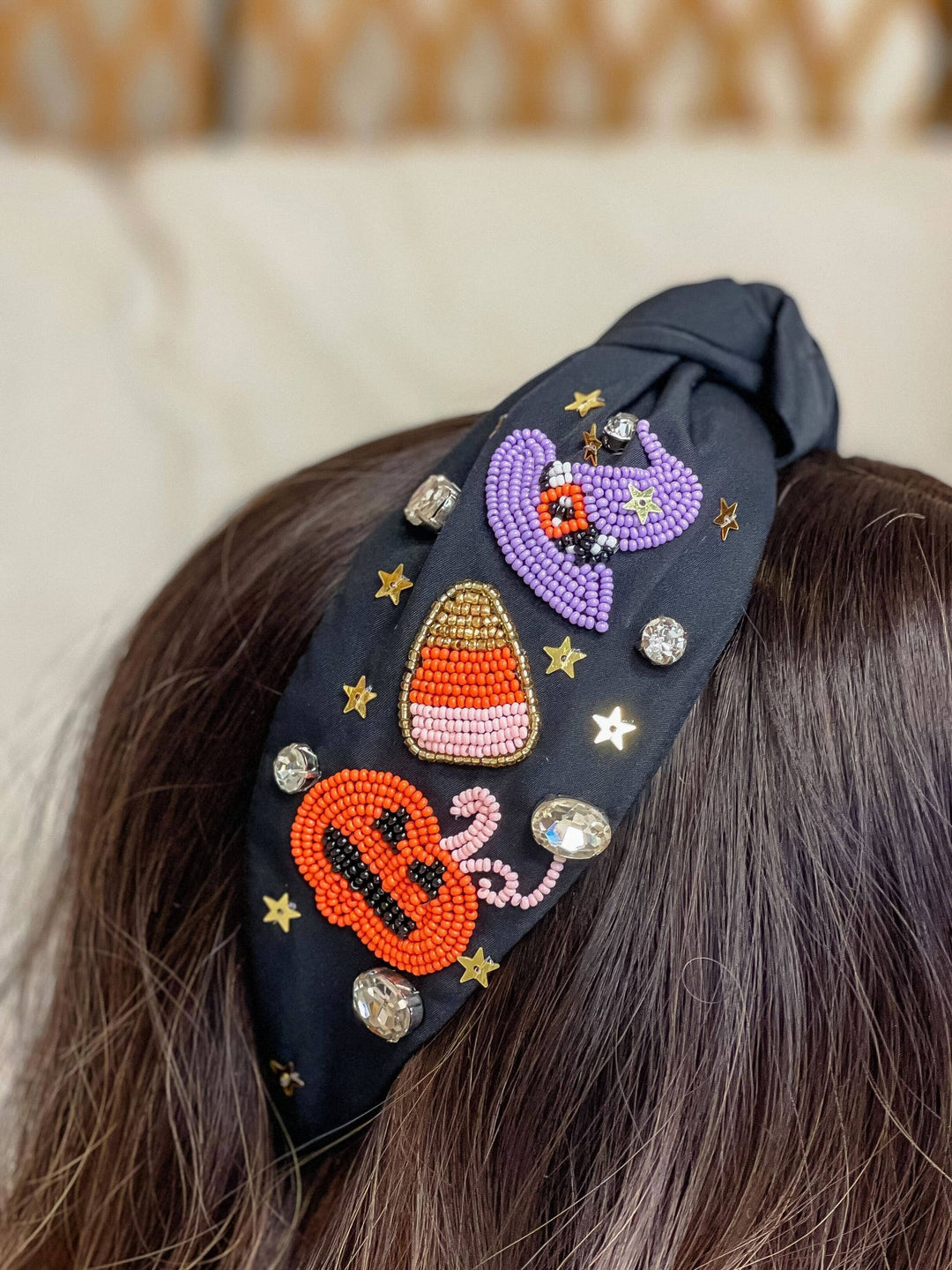 Halloween Embellished Top Knot Headband - Black