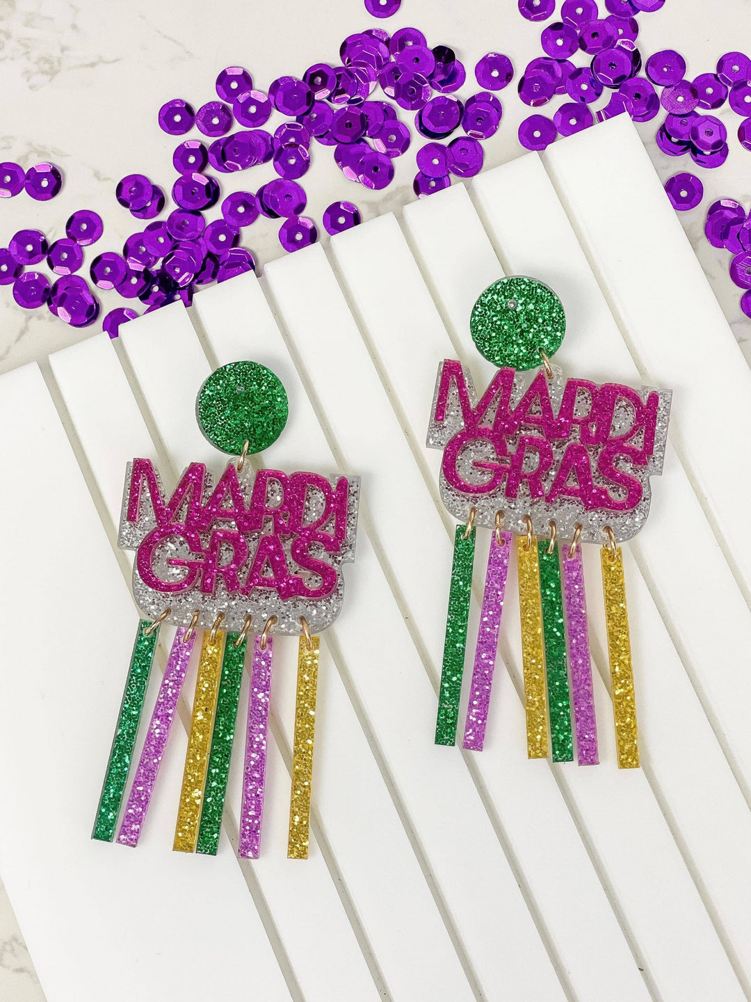 Prep Obsessed Wholesale - 'Mardi Gras' Glitter Dangle Earrings