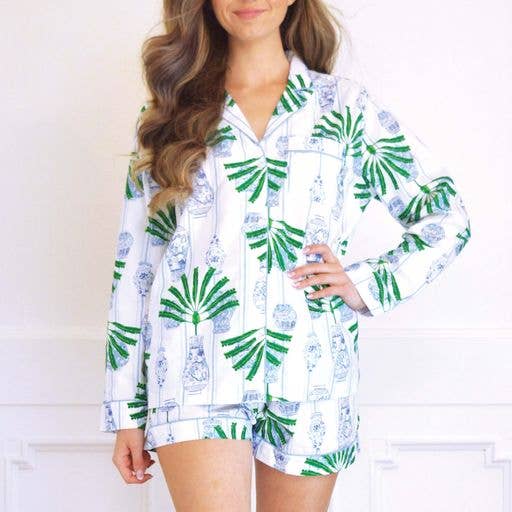 Ginger Jar Palm PJ Set with Shorts & Long Sleeve Top: Extra Small/Small