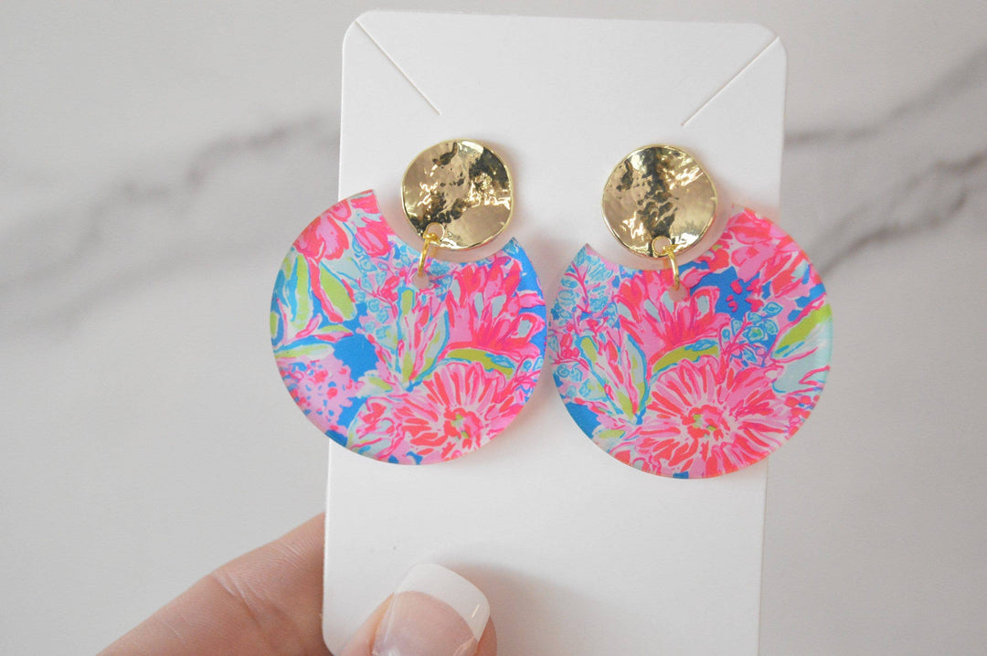 The Adorned Fox - Preppy Earrings, Colorful Notched Circle Earrings, Floral Su