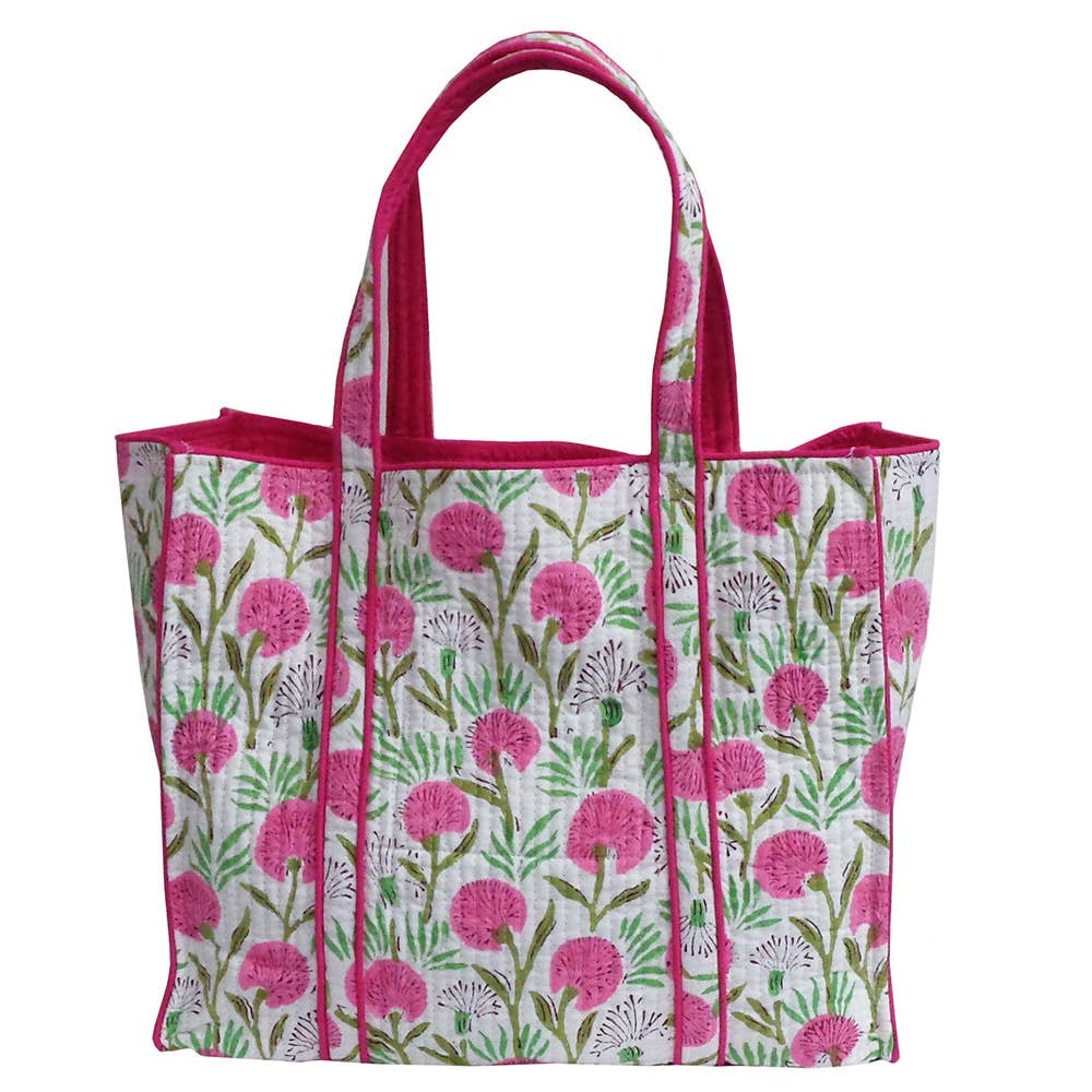 Ayras World - Desert Blossom Pink Block Printed Cotton Quilted Tote Bag