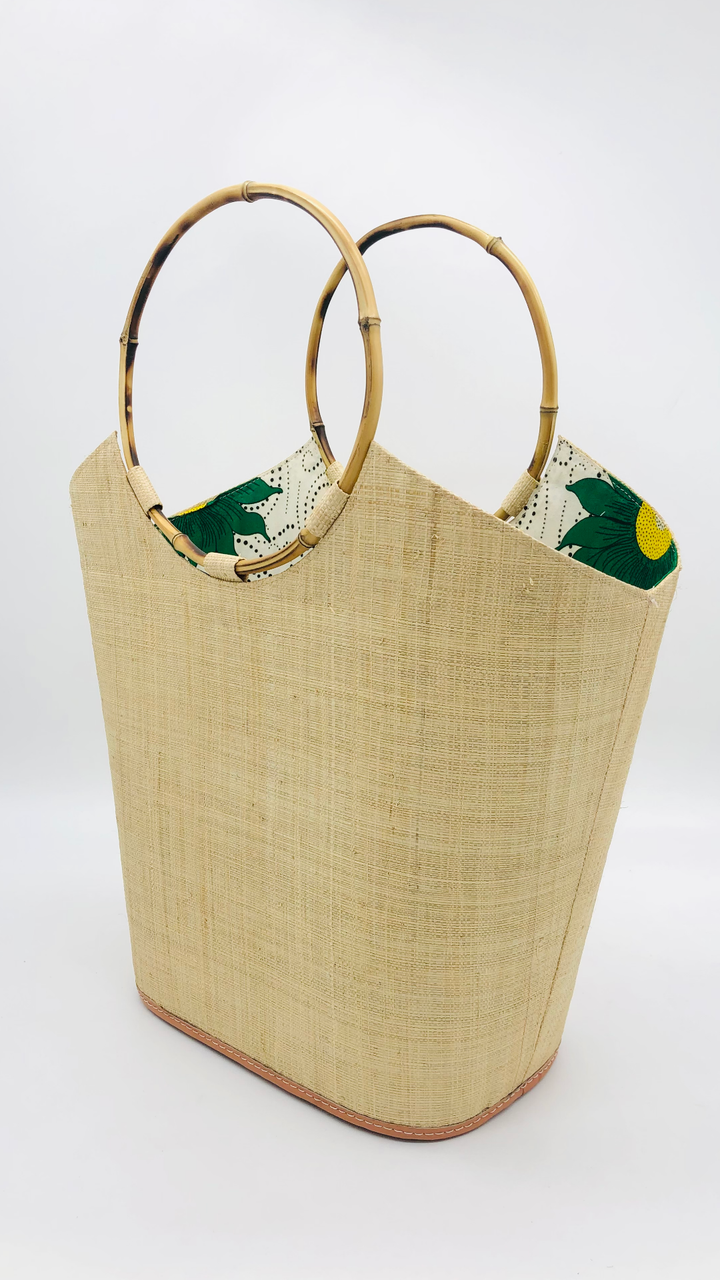 Shebobo - Carmen Solid & Stripes Straw Bucket Bag with Bamboo Handles: Natural