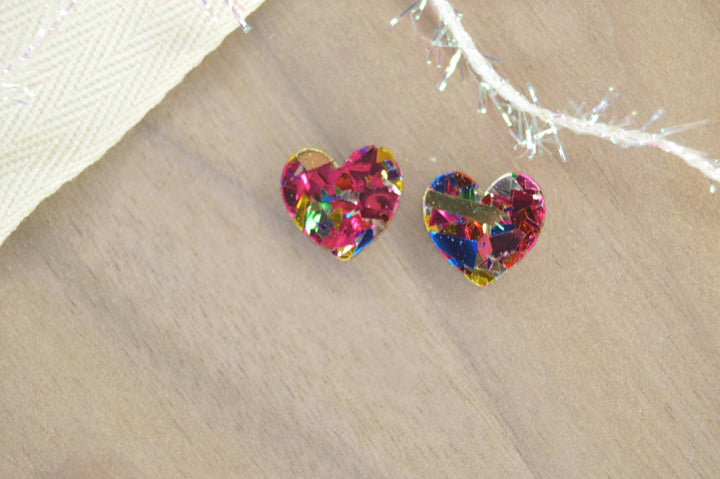 The Adorned Fox - Heart Stud Acrylic Earrings: Pink Confetti