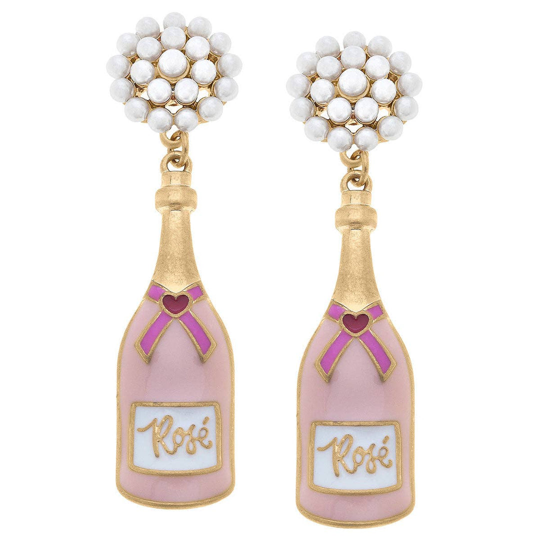 CANVAS Style - Valentine's Rose Bottle Pearl Cluster Enamel Earrings in Pink