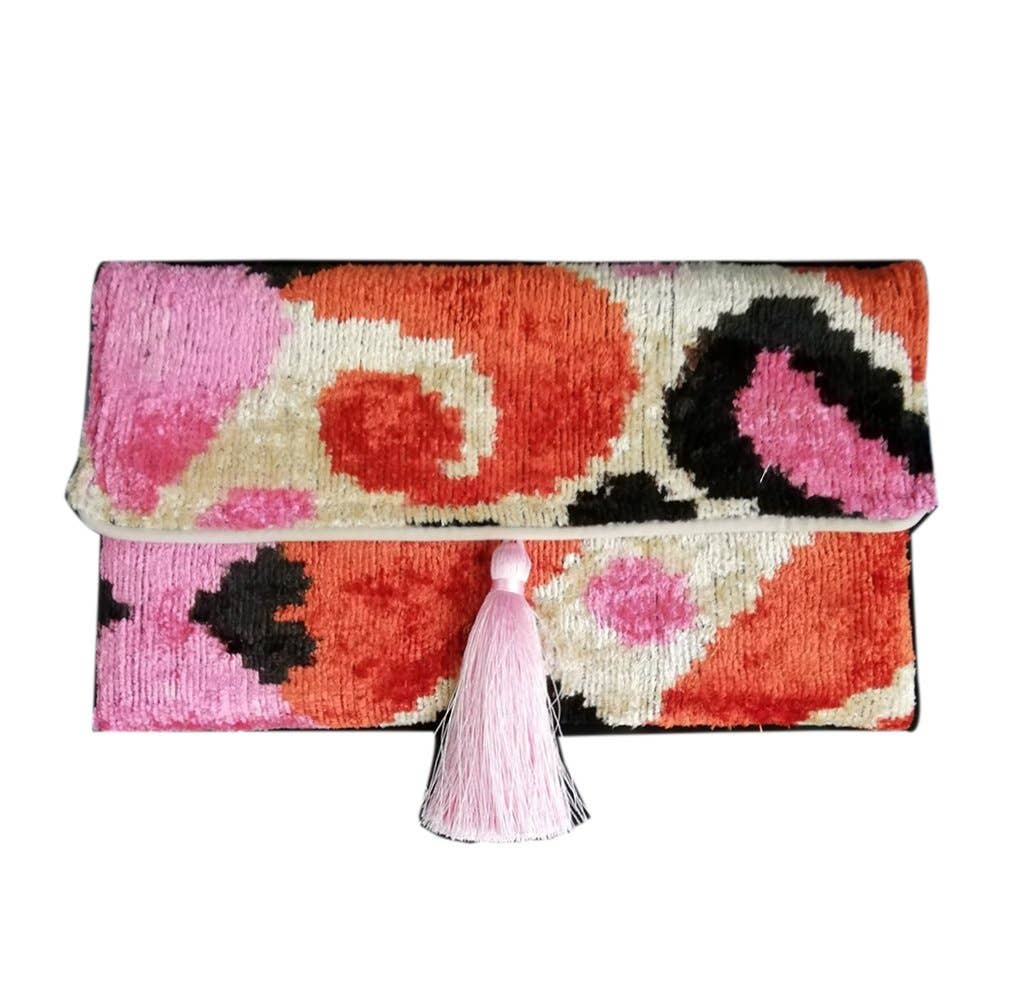 Silk Velvet Ikat Clutch - Pink Orange