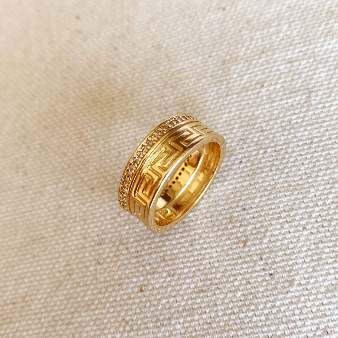 18k Gold Filled Greek Pattern Band Ring With Cubic Zirconia Detail