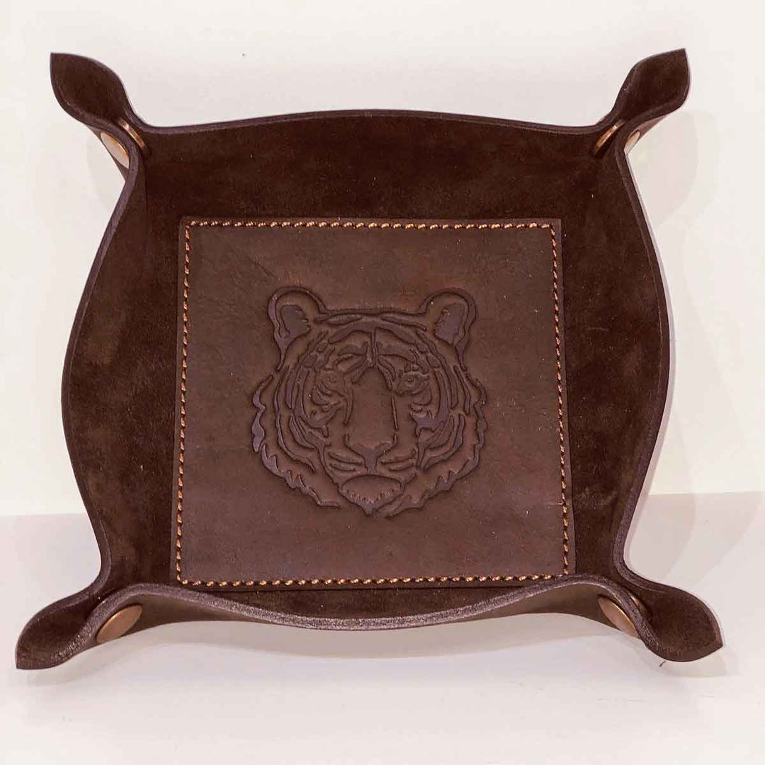 Tiger Leather Embossed Valet Tray 8x8 - Dark Brown by The Royal Standard