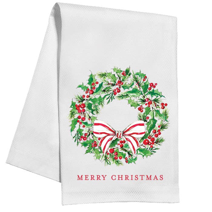 Merry Christmas Holly Wreath with Bow Kitchen Towel