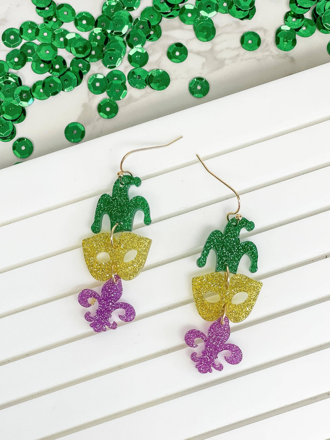 Prep Obsessed Wholesale - Mardi Gras Mask Glitter Trio Dangle Earrings