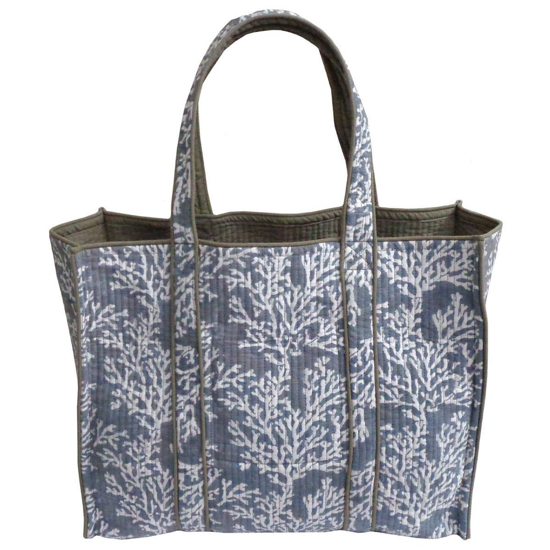 Ayras World - Coral Ashley Grey Block Printed Cotton Quilted Tote Bag