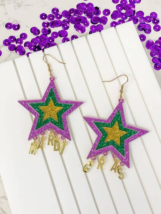 Prep Obsessed Wholesale - 'Mardi Gras' Star Glitter Dangle Earrings