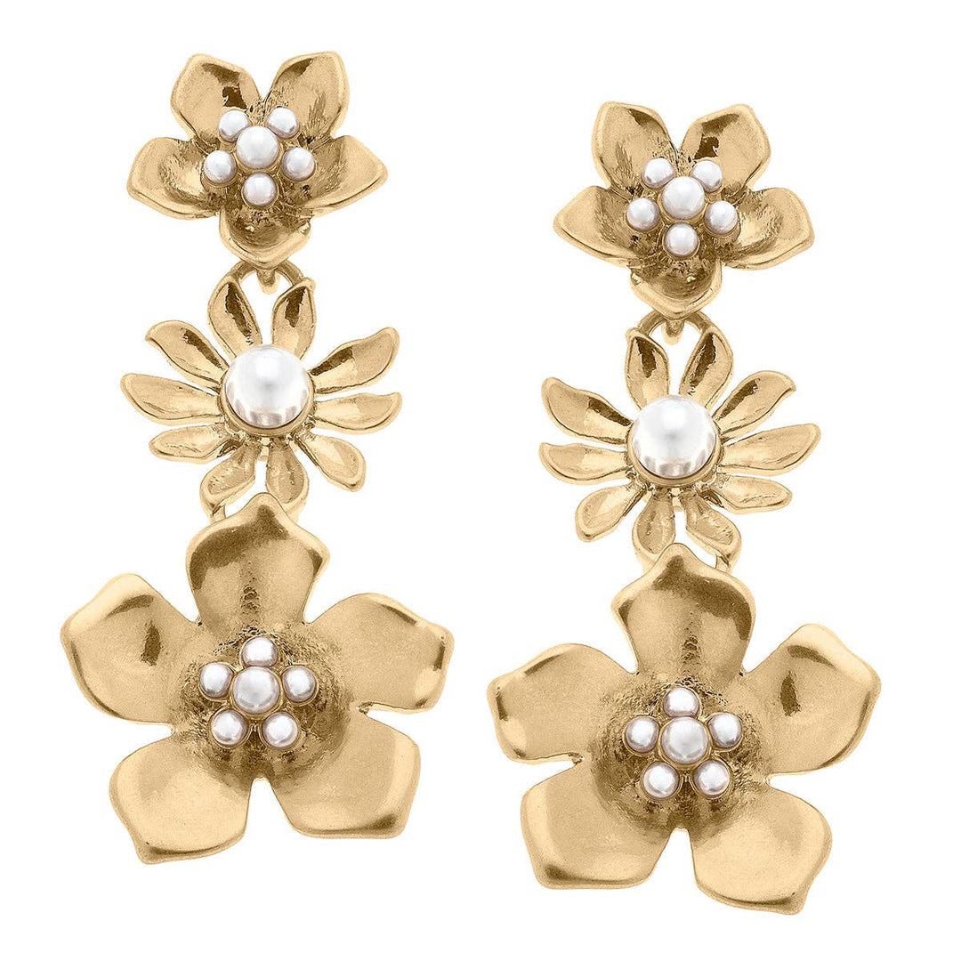 CANVAS Style - Meara Pearl Flower Triple Drop Earrings in Worn Gold
