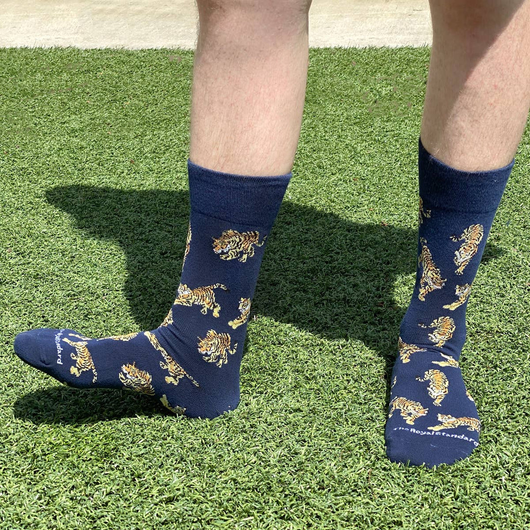 Men's Go Get Em Tiger Socks   Navy/Gold/Taupe   One Size
