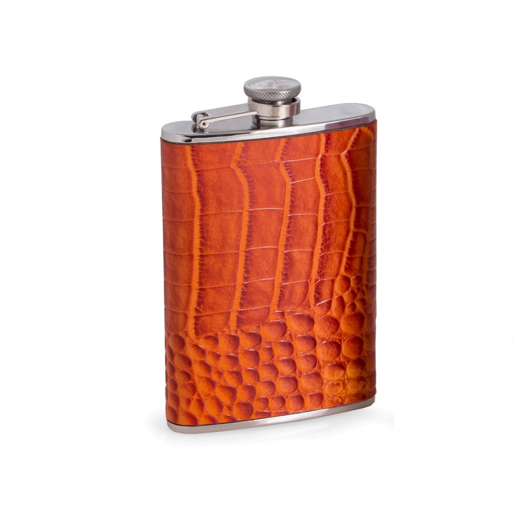 8 oz. Stainless Steel Orange "Croco" Leather Flask
